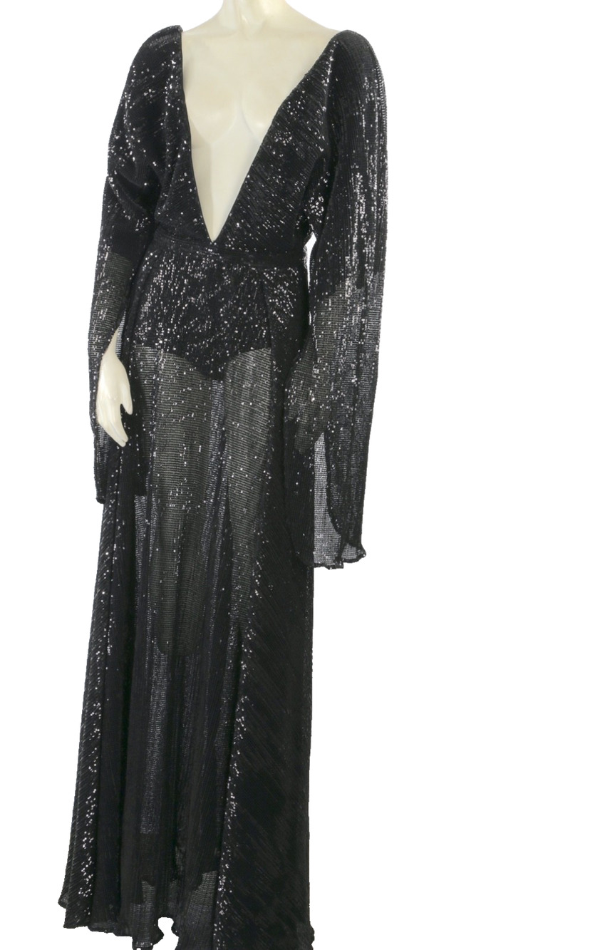 Abyss by Abby Black Sequin Gown S Sheer Long Sleeve Plunge Maxi Prom Bodysuit